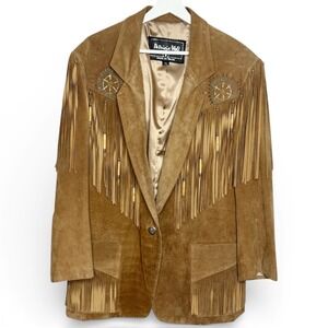 PATRICIA WOLF Suede Fringe Jacket Hand Painted Western Cowgirl Boho Luxe XL